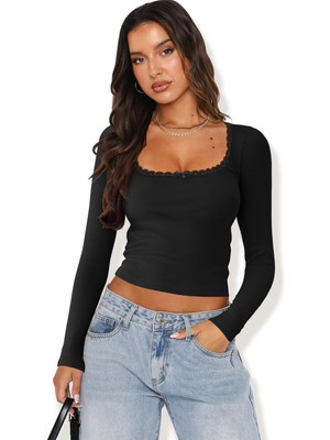 Modanı Seç Kadın Siyah Kare Yaka Dantelli Uzun Kollu Crop Top Bluz