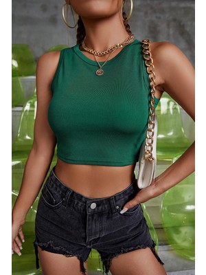 Modanı Seç Kadın Yeşil Kare Yaka Crop Top Bluz