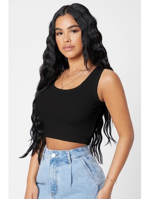 Modanı Seç Kadın Siyah Kare Yaka Crop Top Bluz