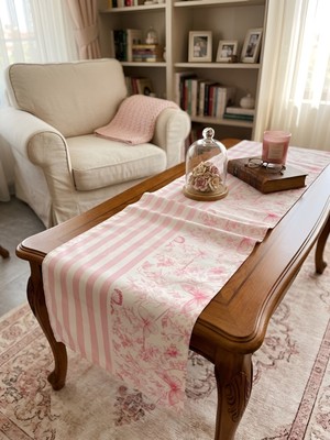 Rahan Design Pembe Çizgili Çiçek Desenli Pembe Dekoratif Runner- 45X145CM - Pembe Dekoratif Runner