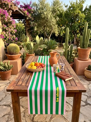 Rahan Design La Siesta Yazılı Çizgili Dekoratif Runner - 45X145CM - Yeşil Pembe Çizgili Dekoratif Runner