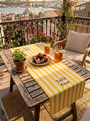 Rahan Design Tutto Bene Yazılı Çizgili Runner - 45X145CM - Çizgili Dekoratif Runner