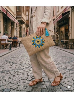 Ju Yaratıcı Tasarım Hasır Kadın Portföy & Clutch Çanta Mavi