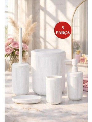 Okyanus Home Linea Yuvarlak Banyo Seti - Dayanıklı Plastik, Beyaz Çizgili, Dekoratif ve Paslanmaz Tasarım
