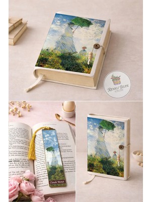 Renkli İzler Atölyesi Kitap Kılıfı ve Metal Kitap Ayracı Seti (Claude Monet Gezinti Şemsiyeli Kadın)