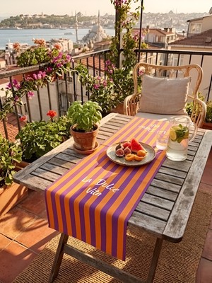 Rahan Design La Dolce Vita Yazılı Çizgili Dekoratif Runner - 45X145CM - Çizgili Dekoratif Runner
