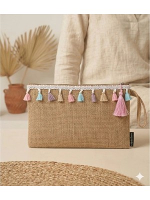 Tasarım Hasır Kadın Portföy Clutch Çanta Pembe