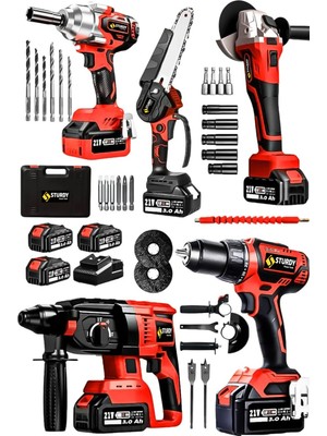 Sturdy Mega 5 Li Set Kömürsüz Motor Akülü Spiral Somun Sıkma Kırıcı Delici Dal Budama Testere  ve Matkap