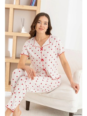 Belirtilmemiş Kırmızı Kadın Pamuk Kurdele/fiyonklu Kısa Kollu Fitilli Kaliteli Örme Pijama Takımı