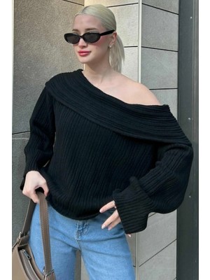 Madmext Siyah Madonna Yaka Kadın Kazak MG2274