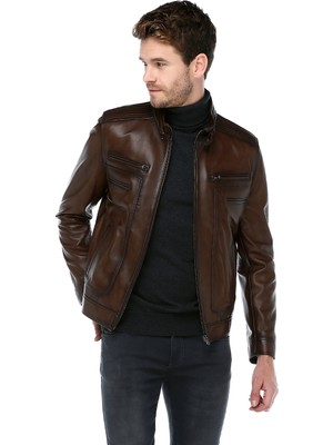 Dericlub E-1084 Deri Erkek Mont Camel Antik Renk Slim Fit Gerçek Kuzu Derisi ve Kaliteli Astar