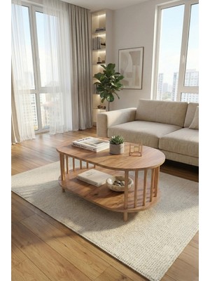 tridihome Iskandinav Tarzı Atlantik Çam Alt Raflı Oval Orta Sehpa Dekoratif Salon Masası