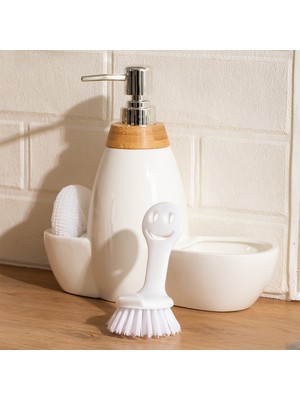 Porsima 5310825 Tezgah Üstü Beyaz Sıvı Sabunluk Fırçalı Süngerli Porselen Sabunluk 700ML 28CM