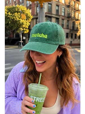 Külah Matcha Nakışlı Denim-Eskitme Yeşil Şapka - Limited Edition