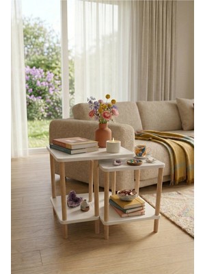 tridihome Modern Beyaz Zigon Sehpa Ikili Set Minimal Tasarım Yan Sehpa Dekoratif Ahşap