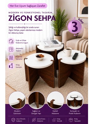 tridihome 3lü Zigon Sehpa Ceviz Beyaz Modern Dekoratif Yan Sehpa Takımı