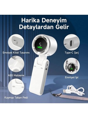 HiboTekno BWFN22 Turbo El Vantilatörü Mini Fan Vantilatör Katlanabilir 3’ü 1 Arada Kullanım Taşınabilir Fan 5 Kademeli LED Ekranlı Usb-C Şarjlı 2 renk siyah ve beyaz