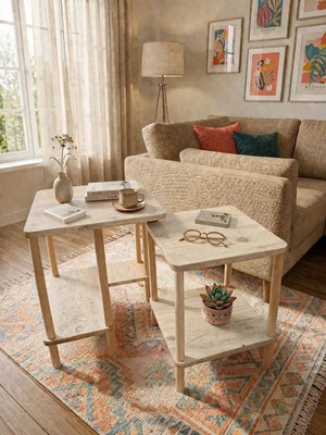 tridihome Modern Traverten Zigon Sehpa Ikili Set Minimal Tasarım Yan Sehpa Dekoratif Ahşap