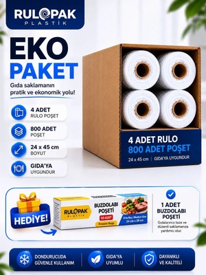 Rulopak Rulo Poşet 4 Rulo 800 Adet Şeffaf Plastik 24 x 45 cm Desensiz Gıda Uygun