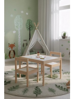 Montessori Çocuk Ahşap Etkinlik Masası Seti, 2 Sandalyeli