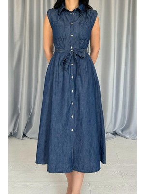 Viastill Mavi Tencel Çıtçıtlı Elbise