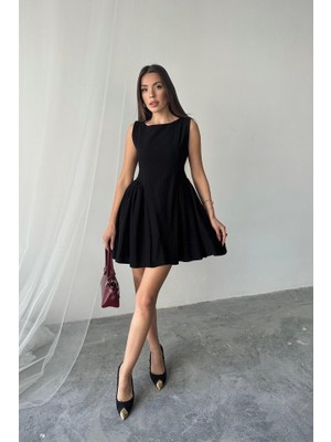 Viastill Siyah Mini Boy Büzgülü Keten Elbise