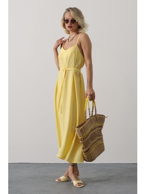 Viastill Askılı Basic Uzun Elbise - Sarı