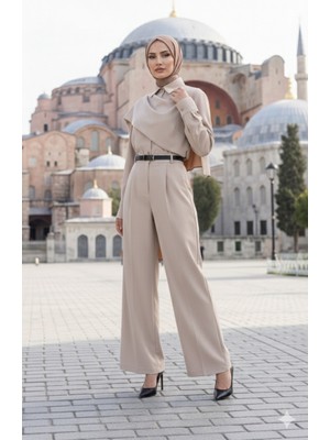 Viastill Kadın Uzun Kollu Şal Detaylı Bluz ve Pantolon Kemer Dahil Ikili Takım