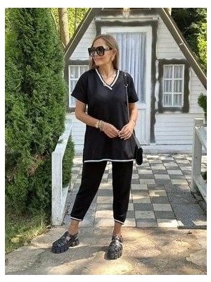 Viastill Kadın Kısa Kollu V Yakalı Iki Iplik Bluz ve Pantolon Ikili Takım