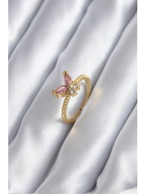 Erdo Ticaret Buğz Gold Renk Pembe Zirkon Taşlı Kelebek Model Kadın Yüzük