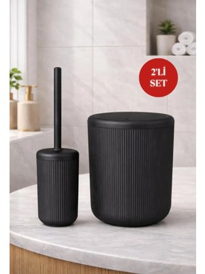 Okyanus Home Siyah Çizgili Yuvarlak 2'li Wc Kova ve Fırça Seti Suya Dayanıklı Malzeme ile