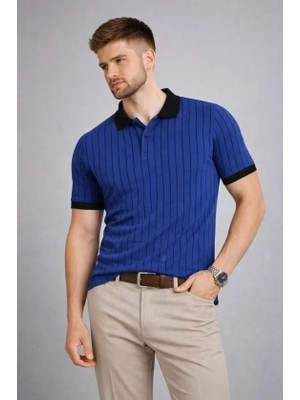 Civetta Erkekpolo Yaka Çizgili Tişört Kısa Kol Düğmeli Yazlık T-Shirt - Saks Mavisi