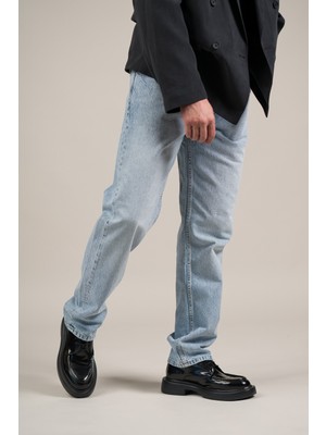 Akçaylar Pamuklu Taş Yıkama Yarım Baggy (Geniş Paça) Buz Mavisi Jean Pantolon