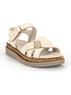 Mammamia D26YS-2905 Kadın Hakiki Deri Günlük Comfort Sandalet Krem