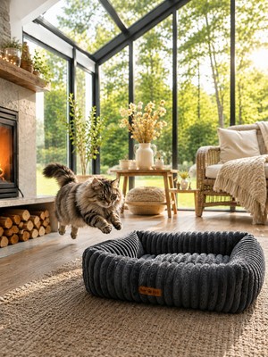 Exclusive Kedi ve Köpek Yatağı Tamamen Fermuarlı Çıkarılabilir Iç Minder Yatak %100 Boncuk Elyaf Fitilli Doku Kaydırmaz Taban