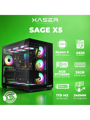 Xaser Sage X5 Ryzen 5 7500F 32GB Ddr5 Ram 1tb M.2 Nvme SSD 8gb RTX5060 Sıvı Soğutmalı Oyuncu Bilgisayarı