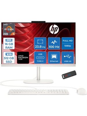 Hp Omnistudio Amd Ryzen 5 220 Mks 4.9ghz 16GB 512GB SSD Amd Radeon 740M 23.8" Fhd 100Hz 350NIT %100 Srgb Windows 11 Pro All In One Bilgisayar CHV0000NTP01 + Zettausb