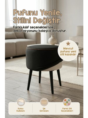 Hamur Yıkanabilir Puf Tabure Kılıfı Tak-Çıkar-Değiştir-Yenile Orta Sehpa Kılıfı 40X22 Meek Siyah