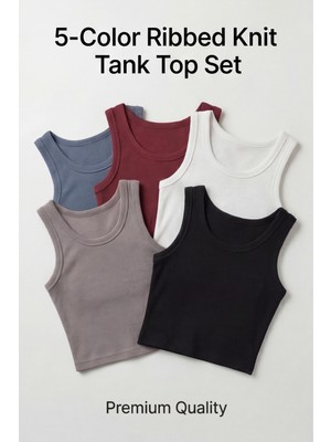 Liarca Premium Fitilli Pamuklu Esnek Kumaş Kadın 5'li Atlet Set - U Yakalı Spor ve Şık Basic Bluz Seti - Yumuşak Dokulu Slim Fit Yazlık Üst Set