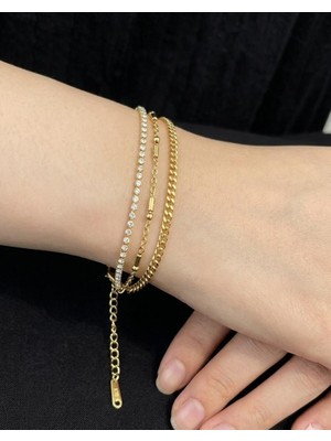 Melisa Takı & Aksesuar 316L Çelik 14K Kaplama Gold Renk Üç Zincirli Bileklik