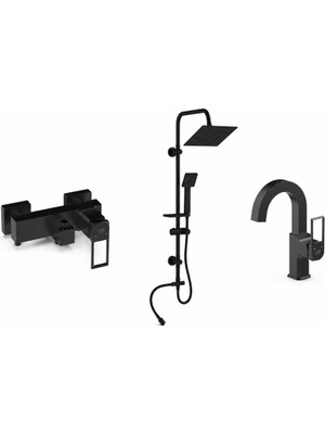 Gpd Quadro Siyah Tepe Duş Seti ve Banyo ve Lavabo Bataryası MBB190-S-MTL190-S-DST19-3-S