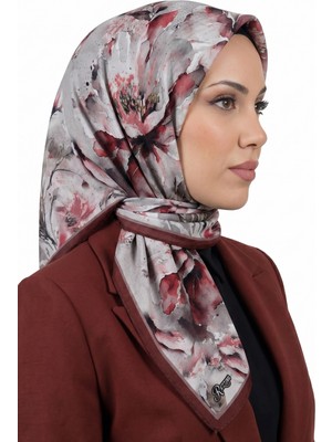 Hadiora Kadın Gri Bordo Floral Desenli Organik Soft Pamuk Şal