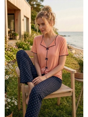 Formo Kadın Kurdele/fiyonklu Kısa Kollu Yüksek Kaliteli Esnek Pijama Takımı