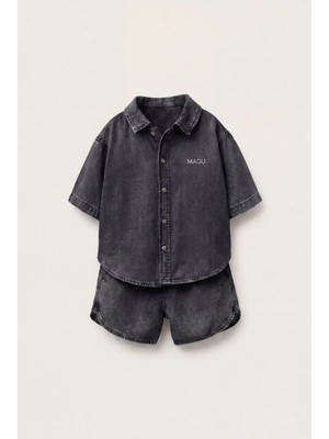 Magu Çocuk Pamuklu Füme Yıkamalı Denim Oversize Gömlek Şort Takım