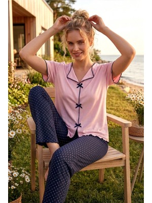 Formo Kadın Kurdele/fiyonklu Kısa Kollu Yüksek Kaliteli Esnek Pijama Takımı