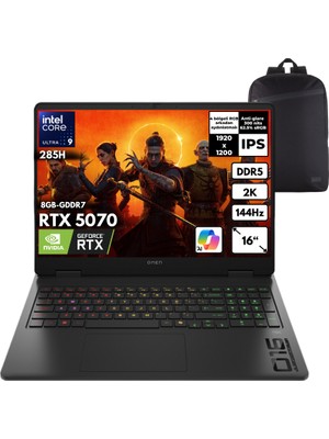 Hp Omen Slim 16-AN0017NT Ultra 9-285H 40-Gbddr5 2 Tbssd RTX5070 (8gb-Gddr7) 16" 2k 144Hz Windows 11 Pro + Hmf Sırt Çantası CD7K1EAHMF20