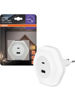 Osram Lunetta Hexagon 830 White 15W 3000K 4lm Type C ve USB Çıkışları Sarı Işık Priz