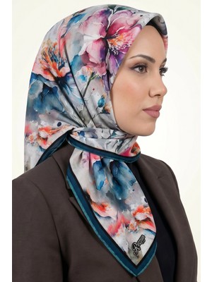 Hadiora Kadın Lacivert Gri Floral Desenli Organik Soft Pamuk Şal