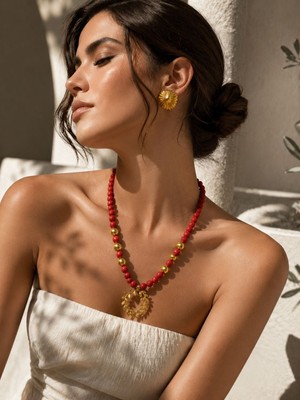 Solare Accessories Kırmızı Lav Taşı Kolye Altın Kaplama Detaylı Kadın Doğal Taş Kolye