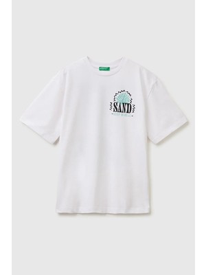 United Colors Of Benetton Erkek Çocuk Ön ve Arka Fotoğraf Baskı Detaylı Bisiklet Yaka T-Shirt Beyaz-Pembe 6-13 Yaş